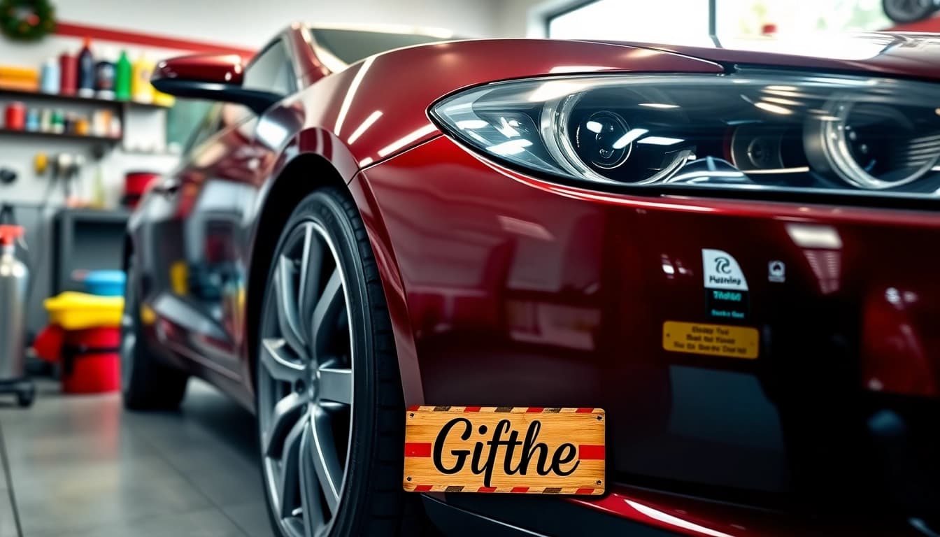 Presenting a Christmas car detailing gift with a shiny vehicle and vibrant detailing tools.