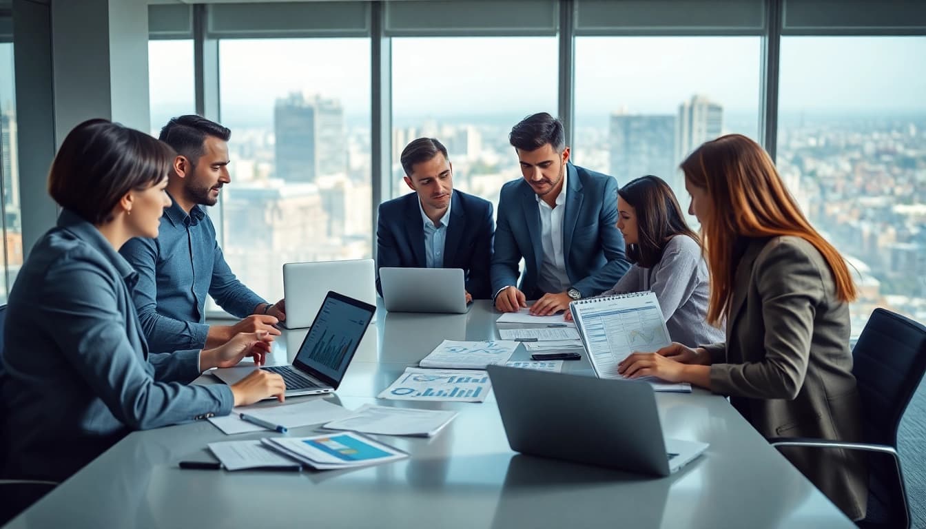 Professionals engaging in B2B competitive intelligence analysis in a modern office.