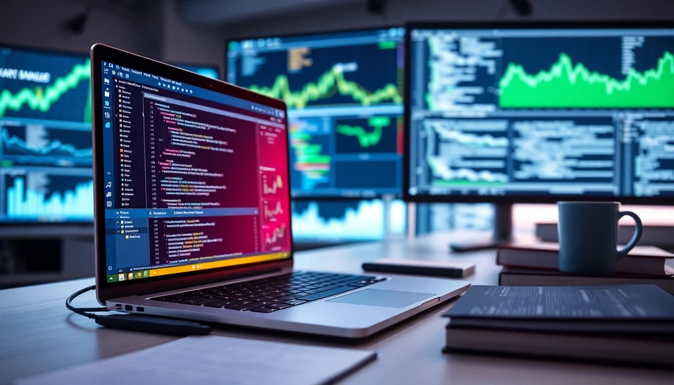Web scrapping development workspace featuring coding interface and financial charts.