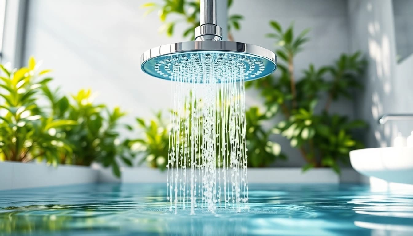 Experience luxury with Sunny Shower USA Inc’s elegant chrome shower system in a serene bathroom.