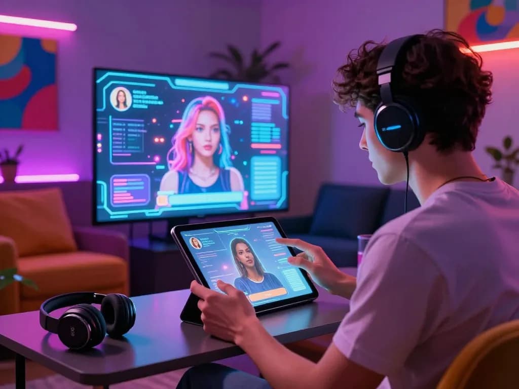 Engaging in ai chat porn on a futuristic tablet surrounded by neon elements and digital avatars.