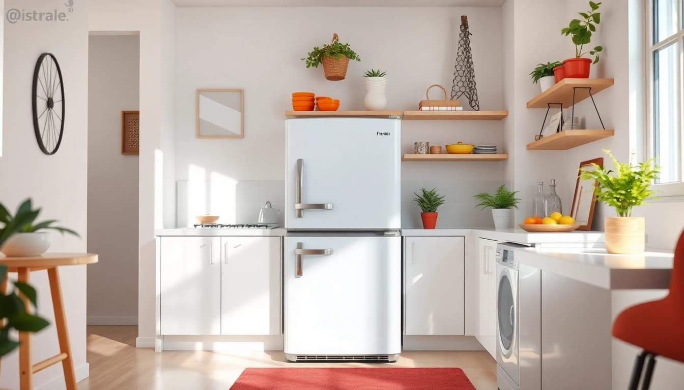 Showcase of an affordable mini fridge and freezer in a vibrant kitchen setting with modern design features.