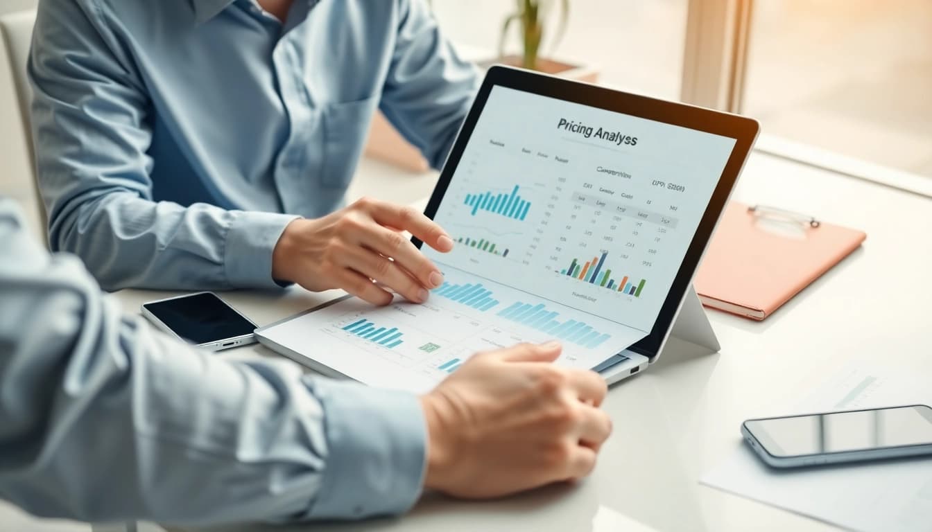 Find competitor pricing through business analysis with graphs and a laptop in a modern setting.