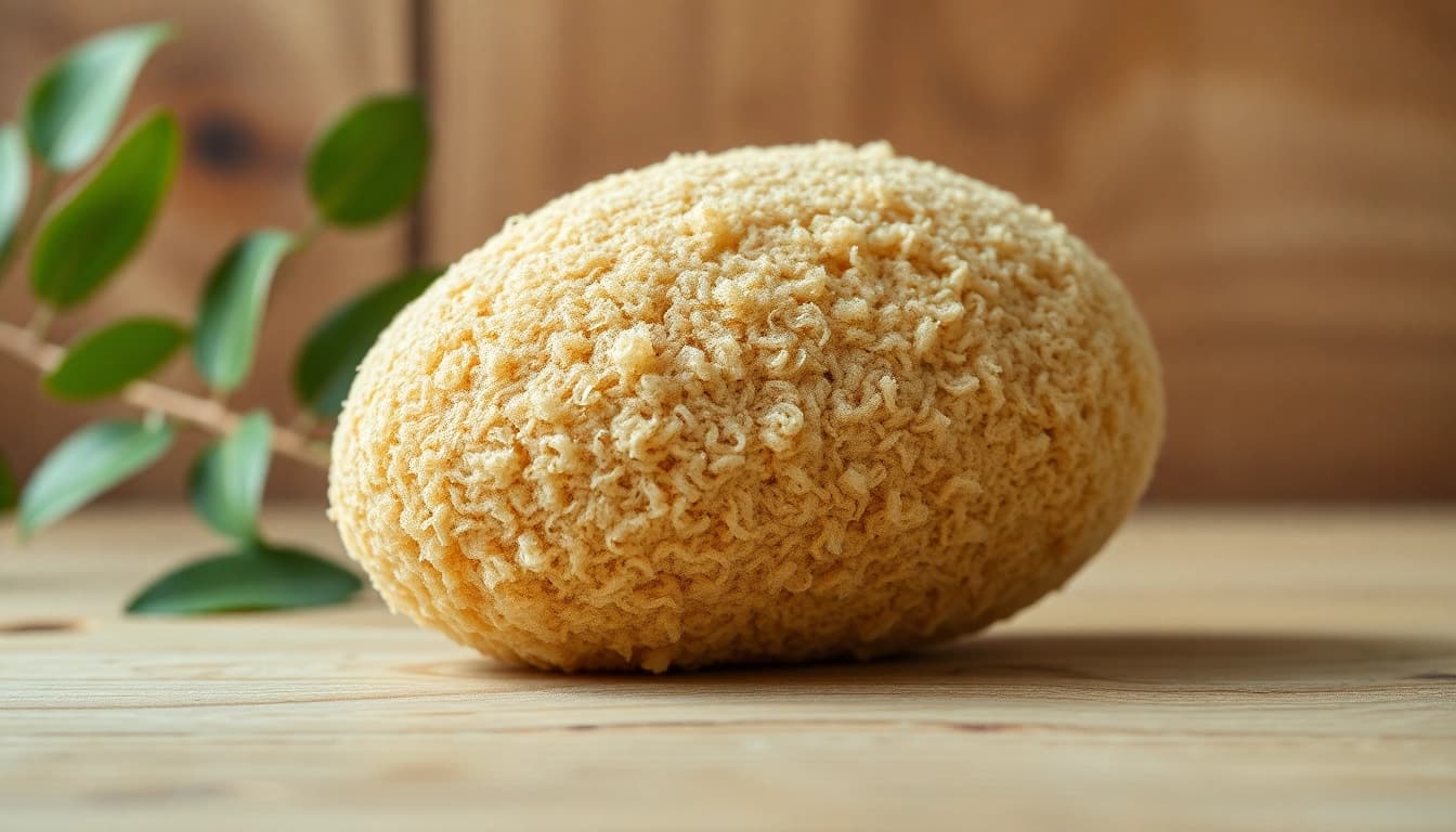 Discover the natural texture of a raw loofah sponge on a wooden surface.