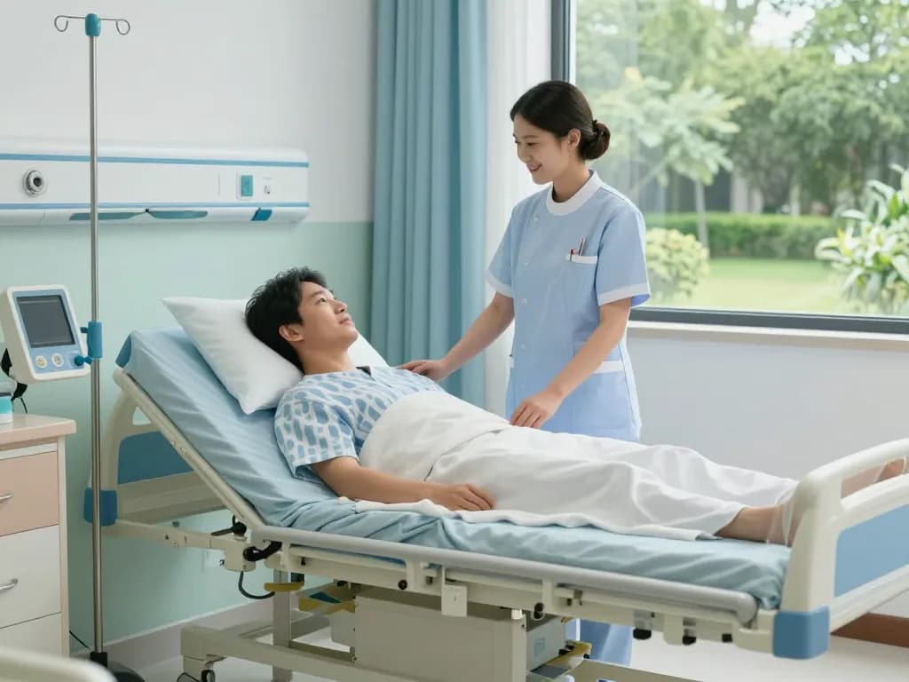 Adjustable giường bệnh nhân in a calming hospital room with medical equipment and a caring nurse.