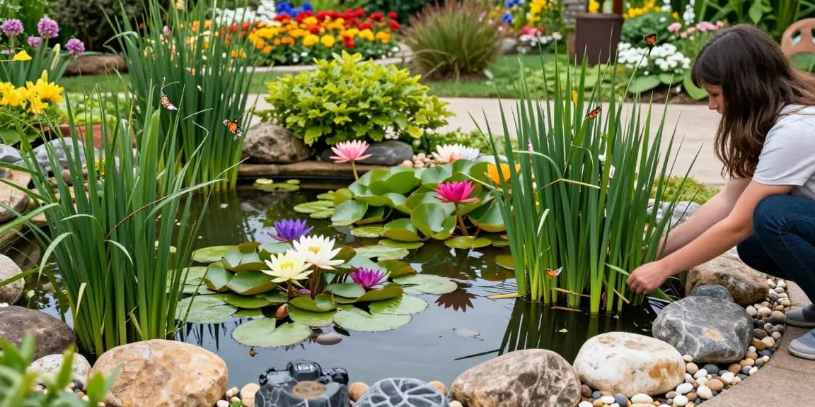 Marginal Pond Plants flourishing in a beautiful garden pond setting with a gardener arranging them.