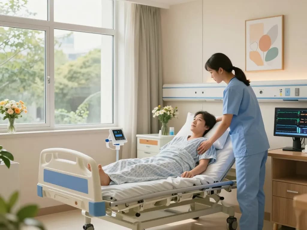 Patient-friendly giường bệnh nhân in a warm hospital room with a caregiver adjusting position, promoting comfort.