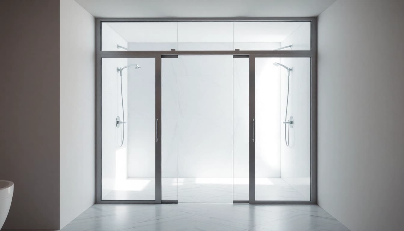 Modern shower sliding doors showcased in a sleek bathroom design.