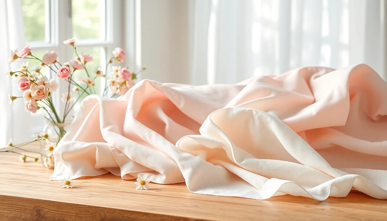 Bekijk prachtige voile stoffen, sfeervol gepresenteerd op een houten tafel met bloemen.
