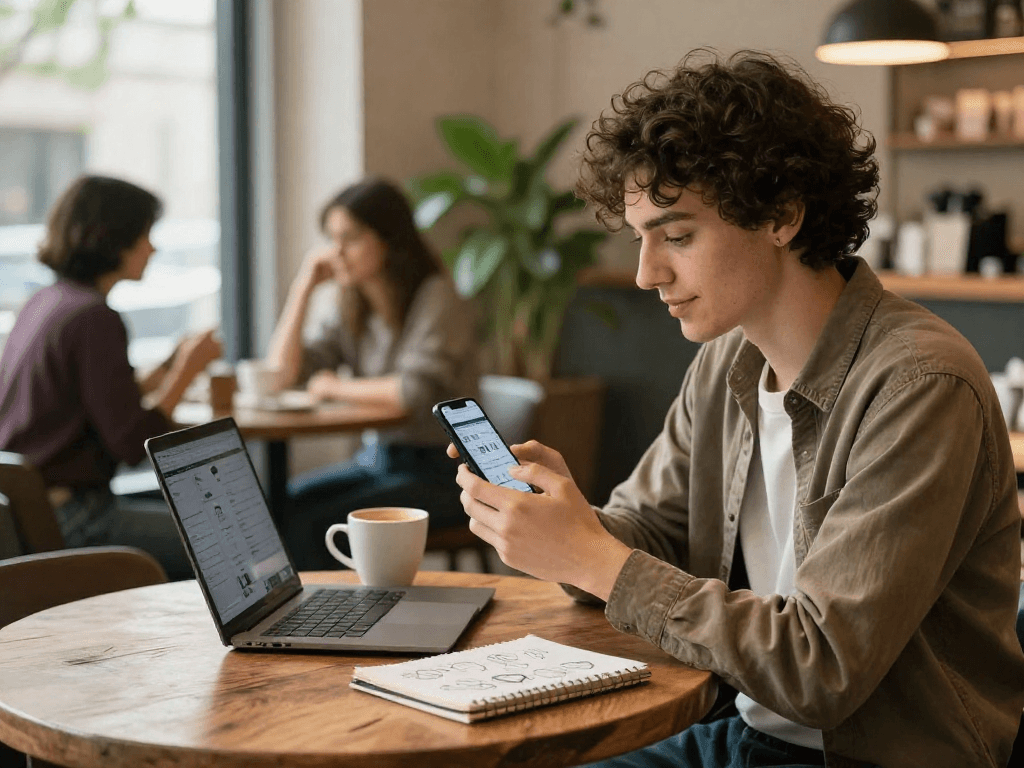 Young adult enjoying dating app experience while sipping coffee, showcasing how to crush on potential matches.