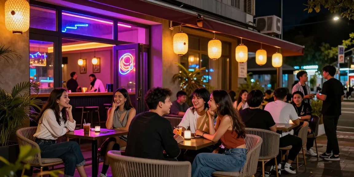 밤알바 알아보기와 함께하는 밤의 바 외부에서 젊은 사람들이 즐깁니다.