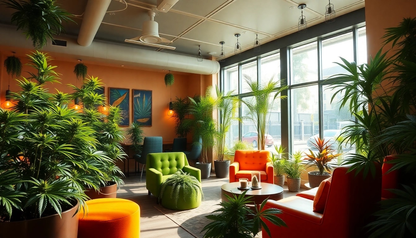 Vibrant Green Guyz club cannabis madrid interior with cozy ambience.