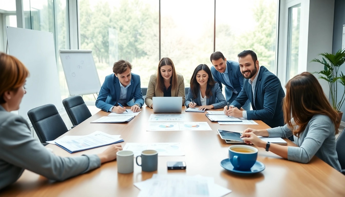 Engaging proposal writing and management team collaborating effectively in a modern office.