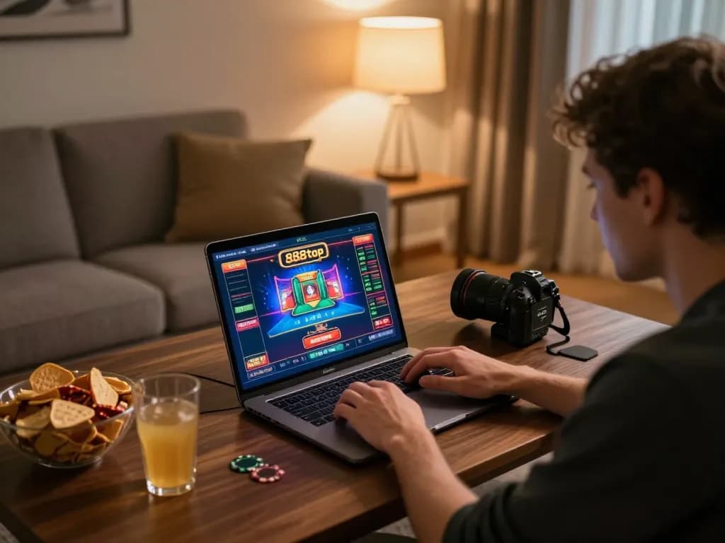 Engaging with live dealer games on 888top from a cozy home setup, highlighting interactive online gaming.
