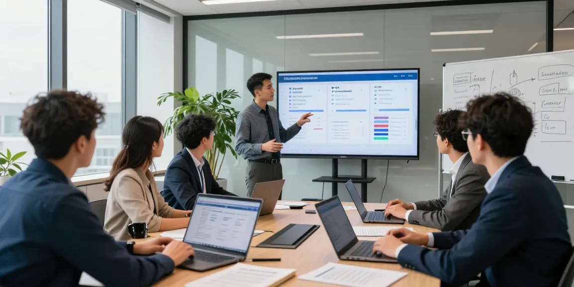 A team discussing which business mobile provider is best UK in a modern office, demonstrating collaborative decision-making.