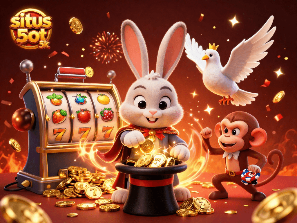 Join the excitement at situs slot 5k with a lively magician rabbit, sparkling coins, and playful poker chips!