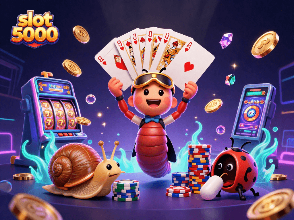Spin the excitement with slot 5000 as lively characters deal cards and stack chips in a dazzling casino scene.