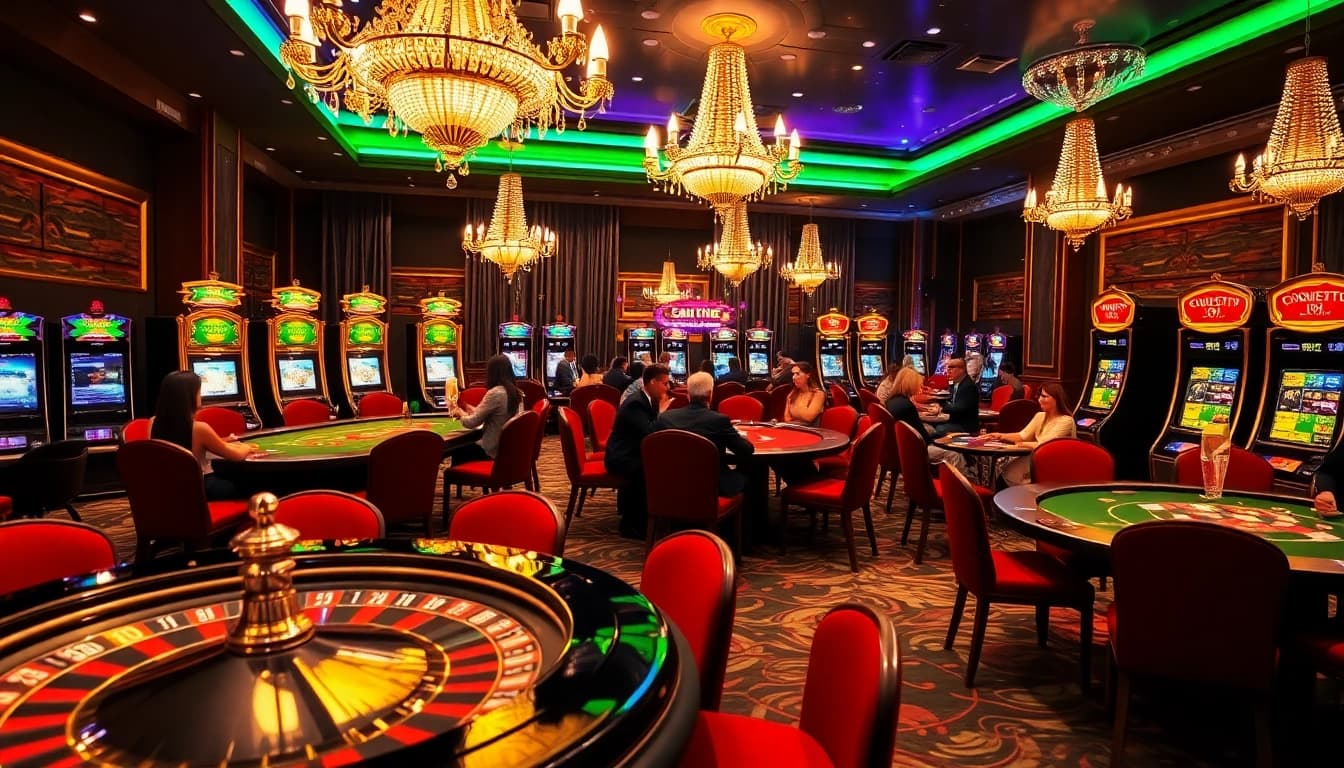 Joueurs engagés à des tables luxueuses dans un casino en ligne 2026 présentant excitation et enjeux élevés.