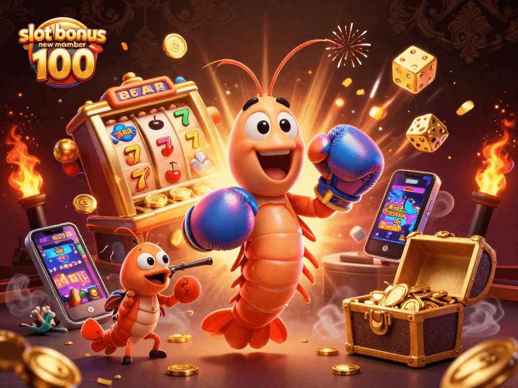Experience excitement with slot bonus new member 100 highlighted in dynamic casino scene.