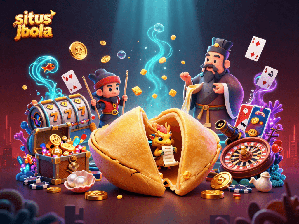 Engage in situs judi bola action with 3D cartoon characters navigating a vibrant casino scene filled with fortune cookies and gaming elements.
