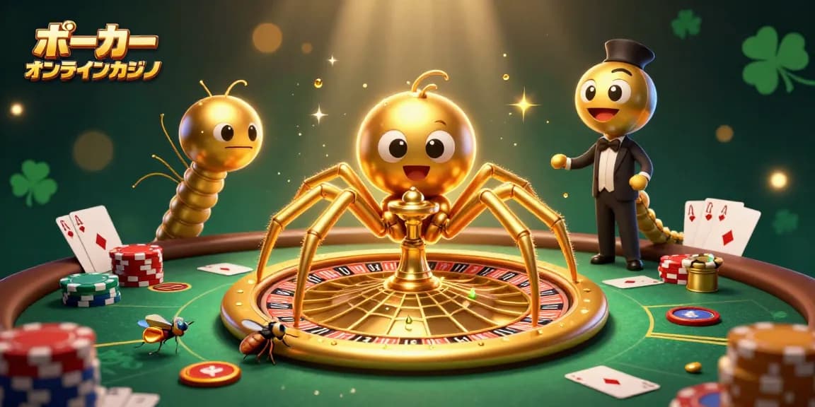 ポーカーオンラインカジノを楽しむシーンを描いた3Dイラスト。キャラクターたちが相互に作用しながらゲームを盛り上げる。