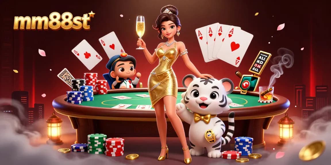 Engage in thrilling gameplay at mm88st with a glamorous scene of a woman and a lucky tiger.