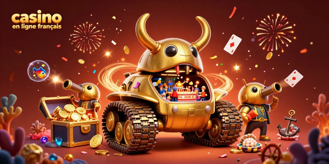 Illustration d'un casino en ligne français dans un tank insecte doré, rempli de jeux et de décorations ludiques.