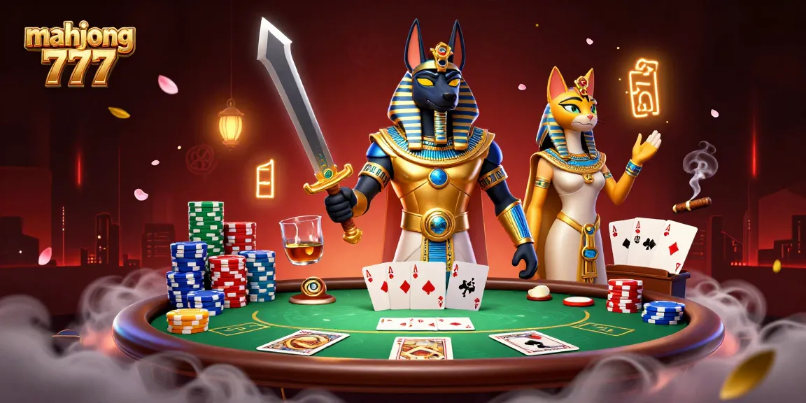 Play mahjong 777 with excitement at vibrant poker scenes featuring Anubis and Bastet
