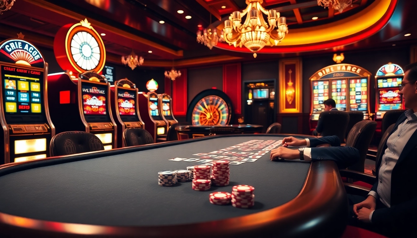 Engaging poker scene in a casino highlighting hidden wiki links with vibrant slot machines and roulette.
