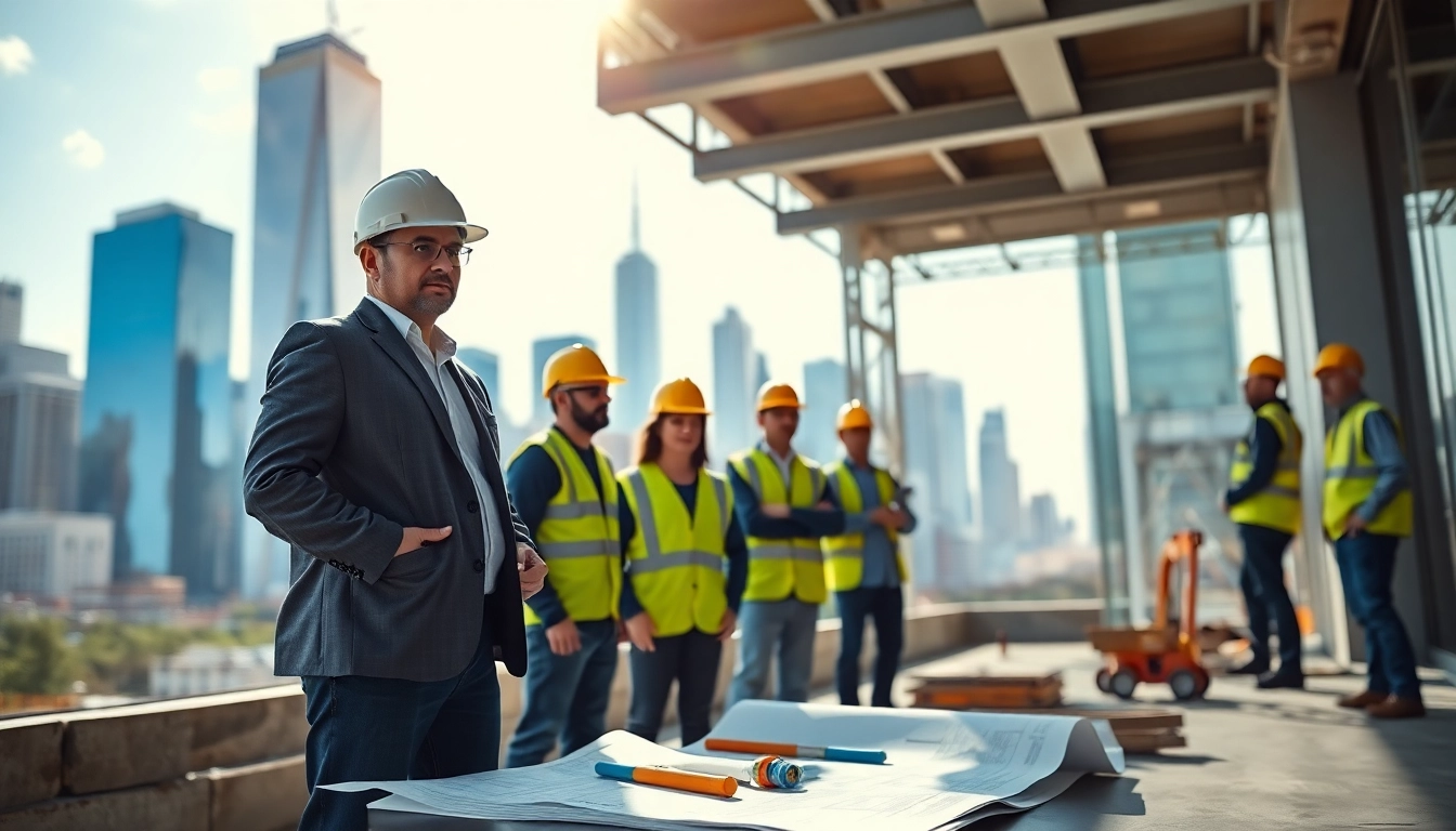 New York Commercial General Contractor overseeing a construction site with a diverse team.