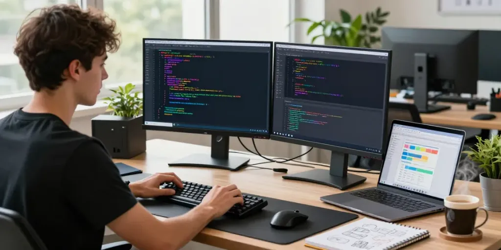 Developer coding in Notepad++ at a modern workspace with dual monitors and plants