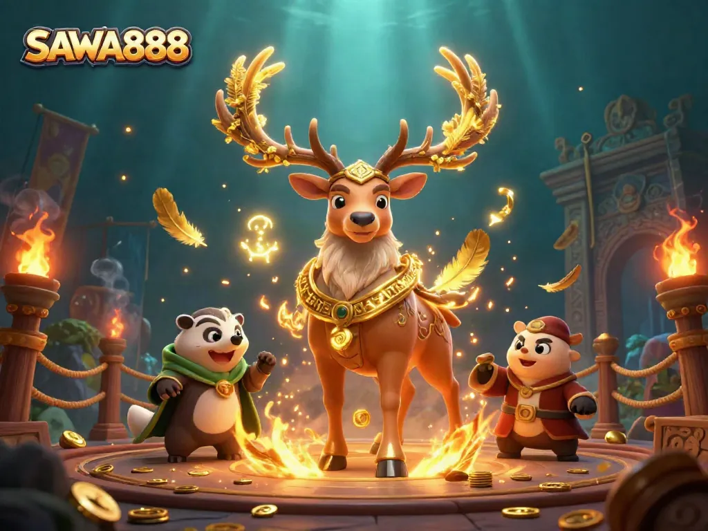 SAWA888 features a Celtic druid stag with glowing runes and golden tokens in a magical casino scene.