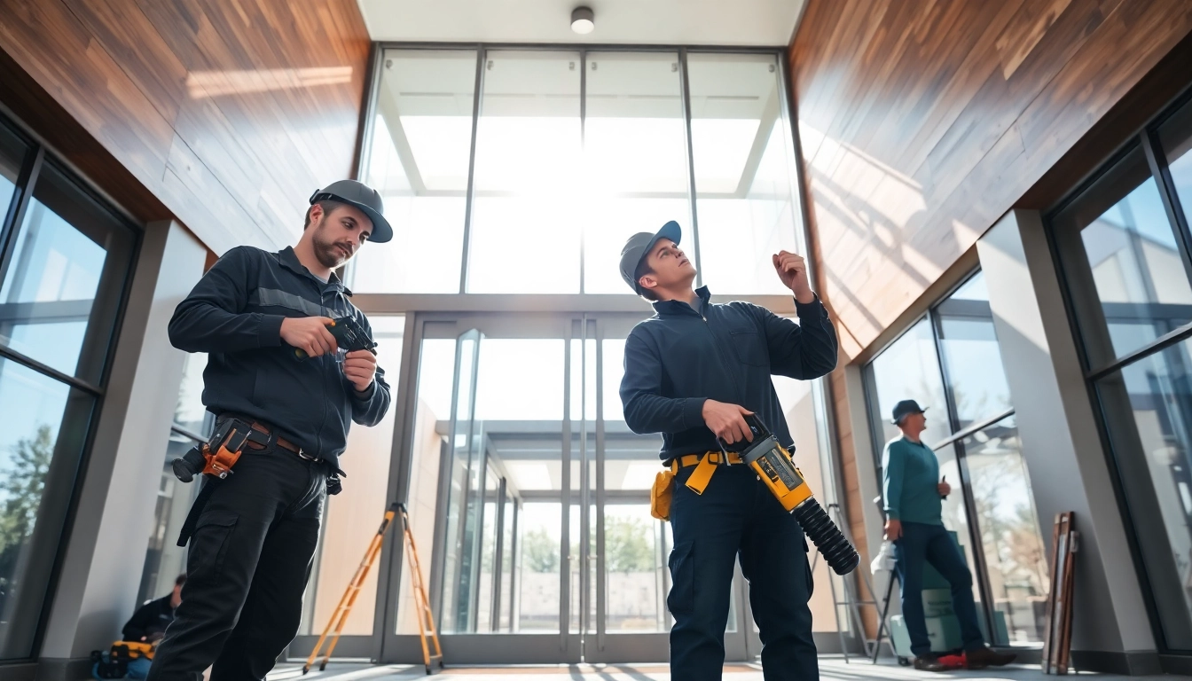 Technicians installing Evolution Entrance Systems, showcasing precision and professionalism.