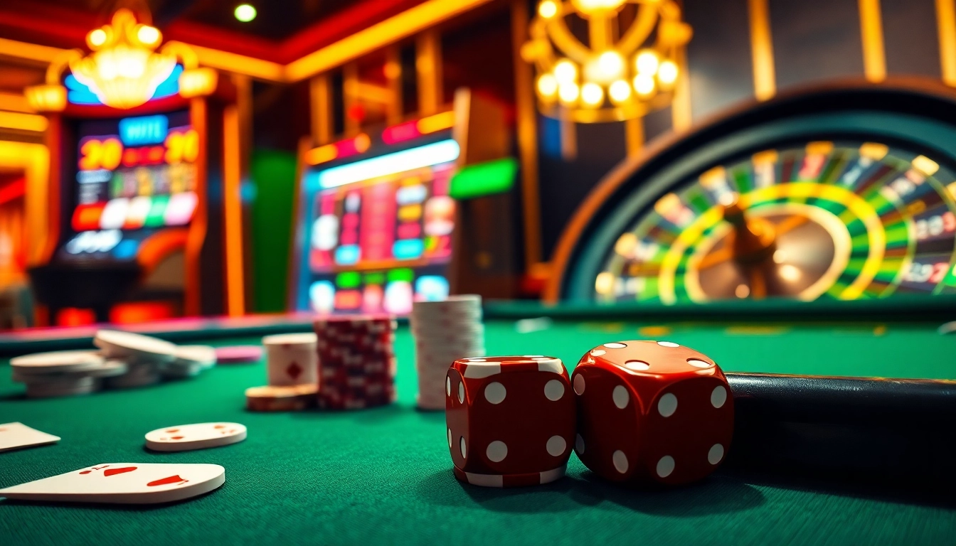 Participez à une expérience de jeu palpitante avec le casino en ligne 2026, mettant en vedette des scènes de casino vibrantes, des cartes et des jetons.