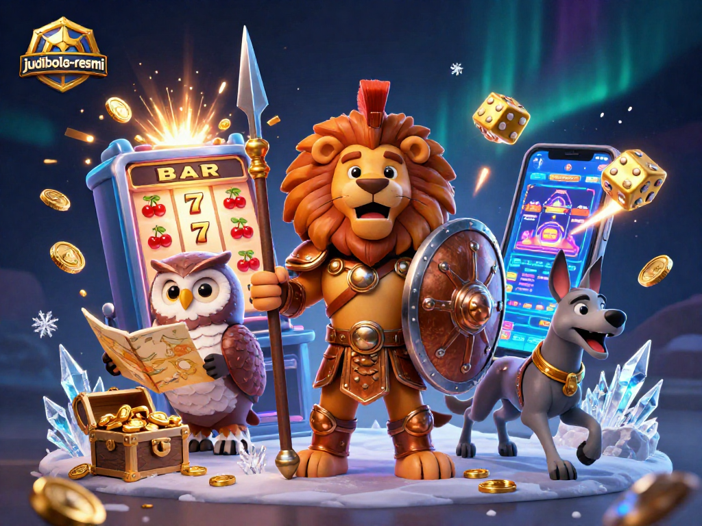 Experience greater winnings with judibola-resmi, showcasing an exciting 3D illustration of a heroic lion amidst casino game elements.