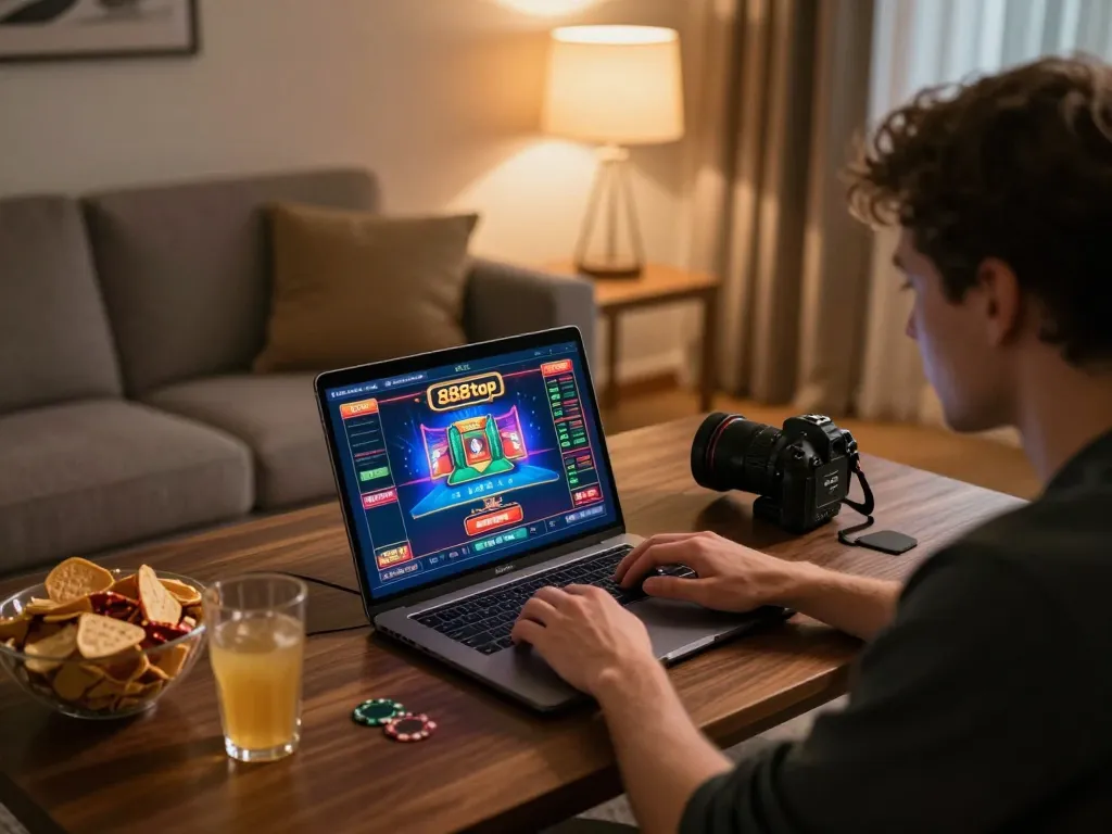 Engaging with live dealer games on 888top from a cozy home setup, highlighting interactive online gaming.