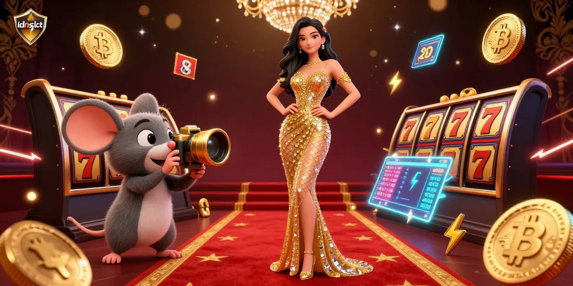 Spin the reels for jackpot wins at idnslot, showcasing a glamorous woman and playful paparazzi mouse.