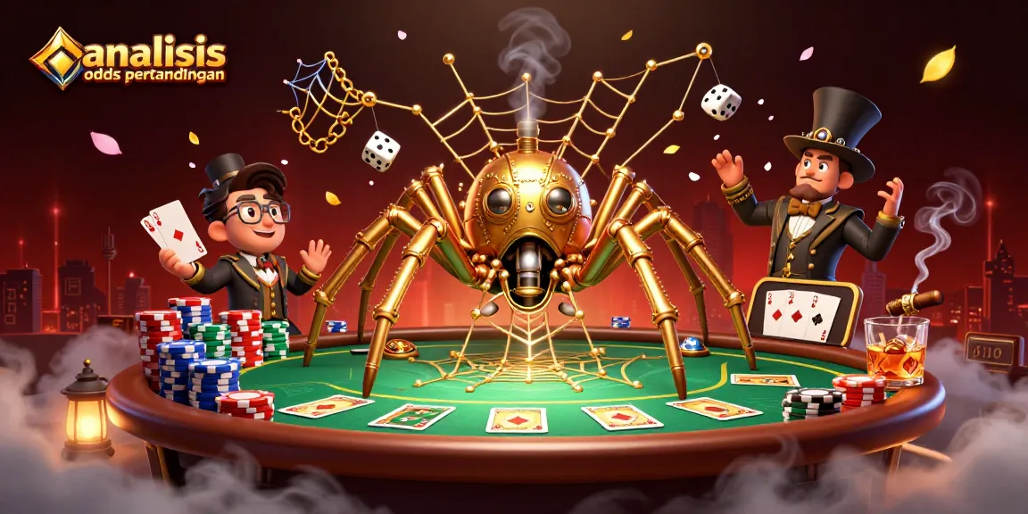 Analyze odds pertandingan in a visually dynamic 3D scene with gambling characters and elements.