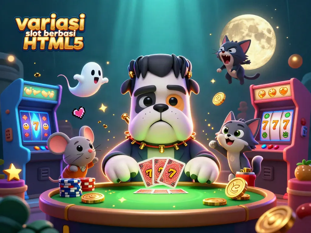 Permainan variasi slot berbasis HTML5 dengan karakter kartun 3D di meja kasino yang menyenangkan.