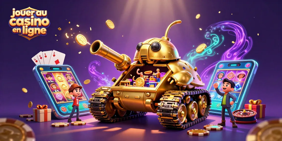 Jouer au casino en ligne avec un tank doré révélant un mini casino et jeux de cartes colorés.