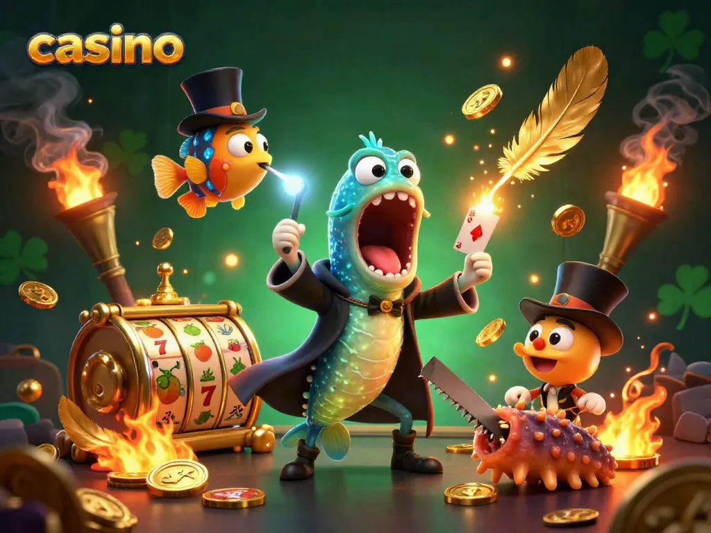Engaging casino illustration featuring characters in a magical setting with dynamic slot elements.
