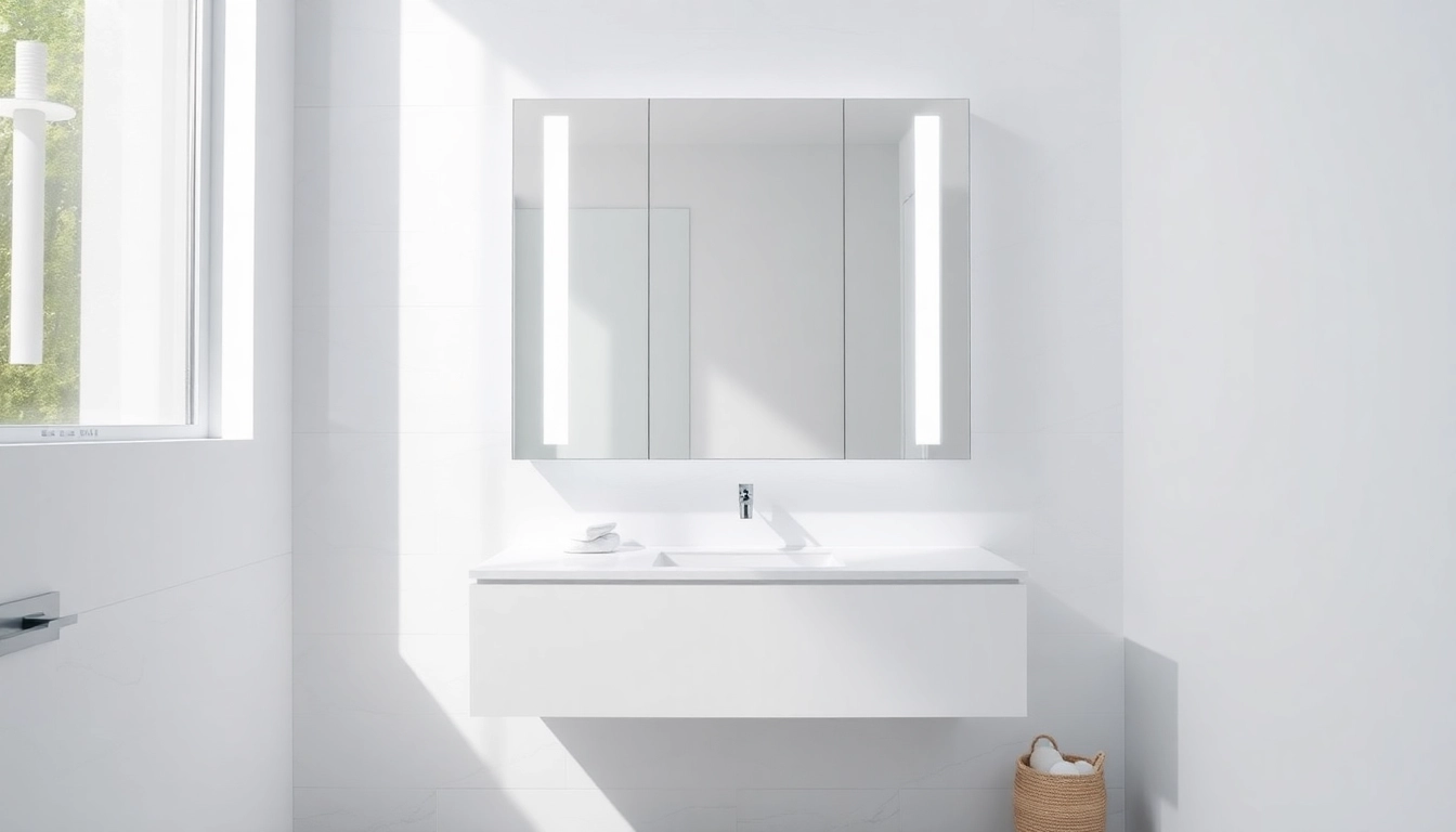 Stylish led bathroom mirror cabinet enhancing a modern bathroom setting with elegant fixtures.