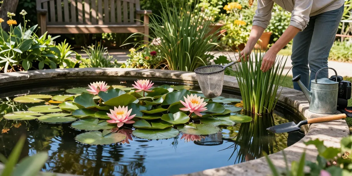 Buy Water Lilies in a serene garden pond with vibrant aquatic plants and a gardener tending to the scene.
