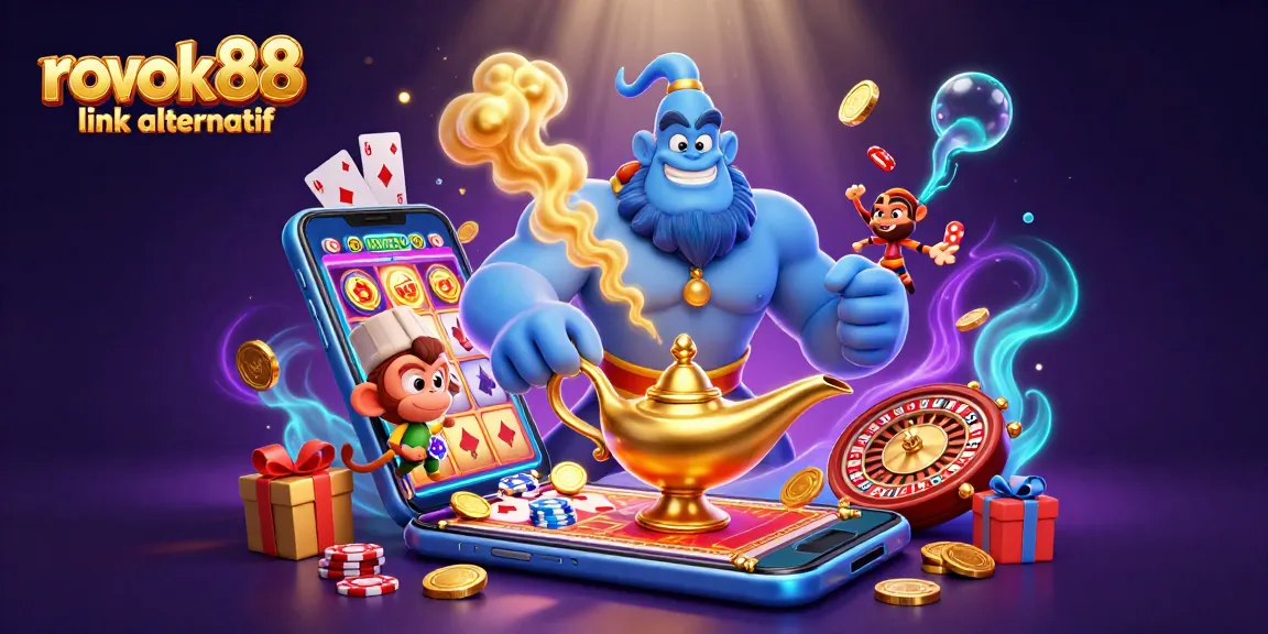 Engage in thrilling gameplay with rokok88 link alternatif, a vibrant illustration of a blue genie, poker chips, and slot games.