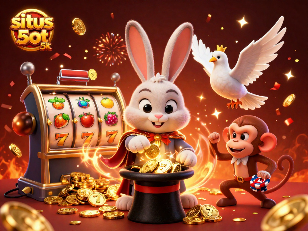 Join the excitement at situs slot 5k with a lively magician rabbit, sparkling coins, and playful poker chips!