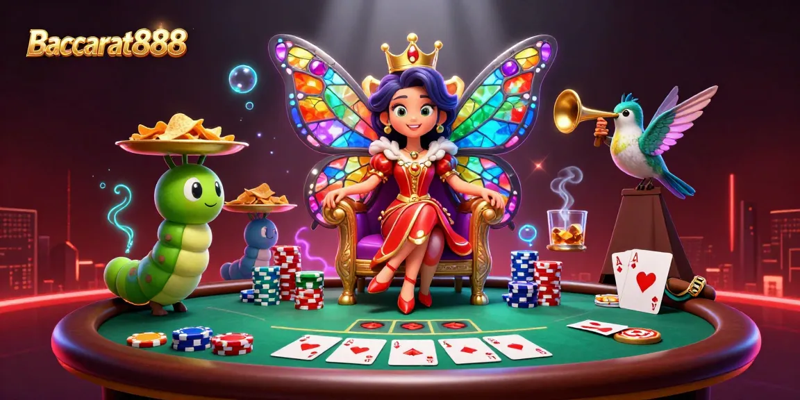 Baccarat888 highly dynamic scene featuring a butterfly queen, poker elements, and bright casino atmosphere.