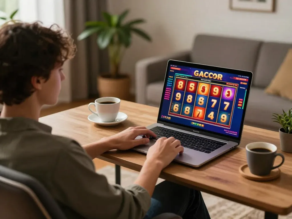 Engaging online gambling scene featuring a player exploring link gacor slot games on a laptop in a cozy home office.