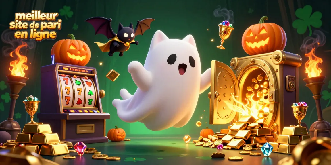 Illustration du meilleur site de pari en ligne avec un chat fantôme et des éléments de casino en 3D.