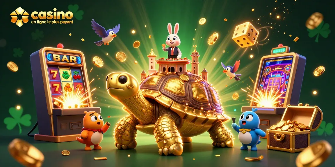 Illustration dynamique d'un casino en ligne le plus payant avec une tortue géante et un croupier lapin.