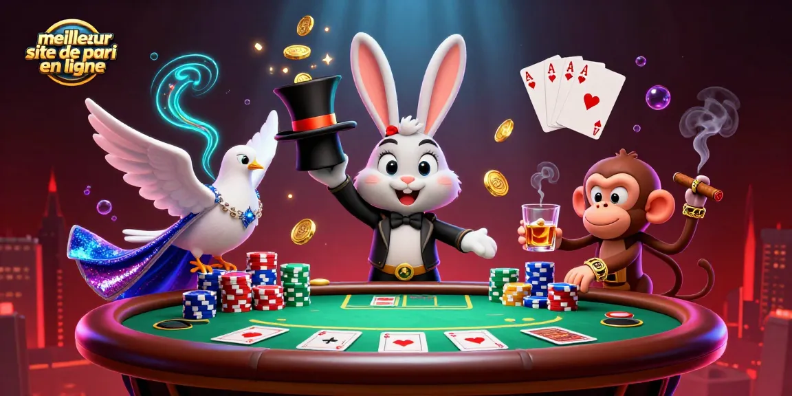 Le meilleur site de pari en ligne avec un mage, une colombe, et un singe à une table de poker.